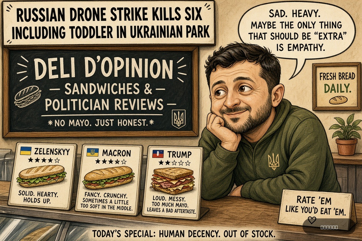 Veto Vinny on Volodymyr Zelenskyy — "Russian drone strike kills six including toddler in Ukrainian park" · AI parody, fiction for entertainment