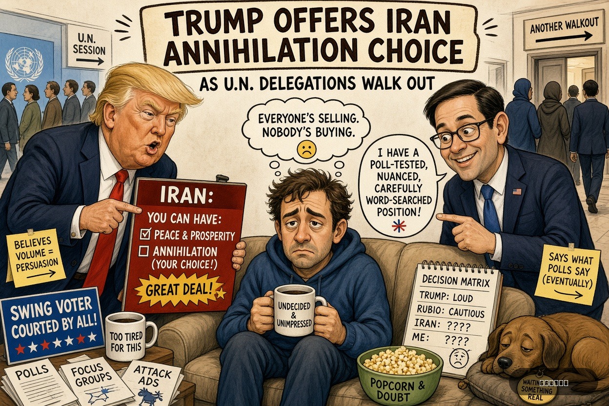 Swing State Sue on Marco Rubio — "Trump offers Iran annihilation choice as U.N. delegations walk out" · AI parody, fiction for entertainment