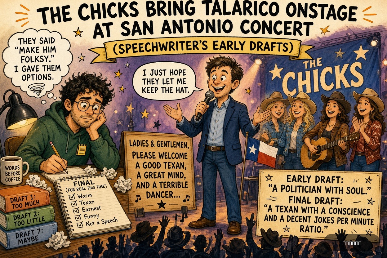 Teleprompter Tina on James Talarico's — "The Chicks Bring Talarico Onstage at San Antonio Concert" · AI parody, fiction for entertainment