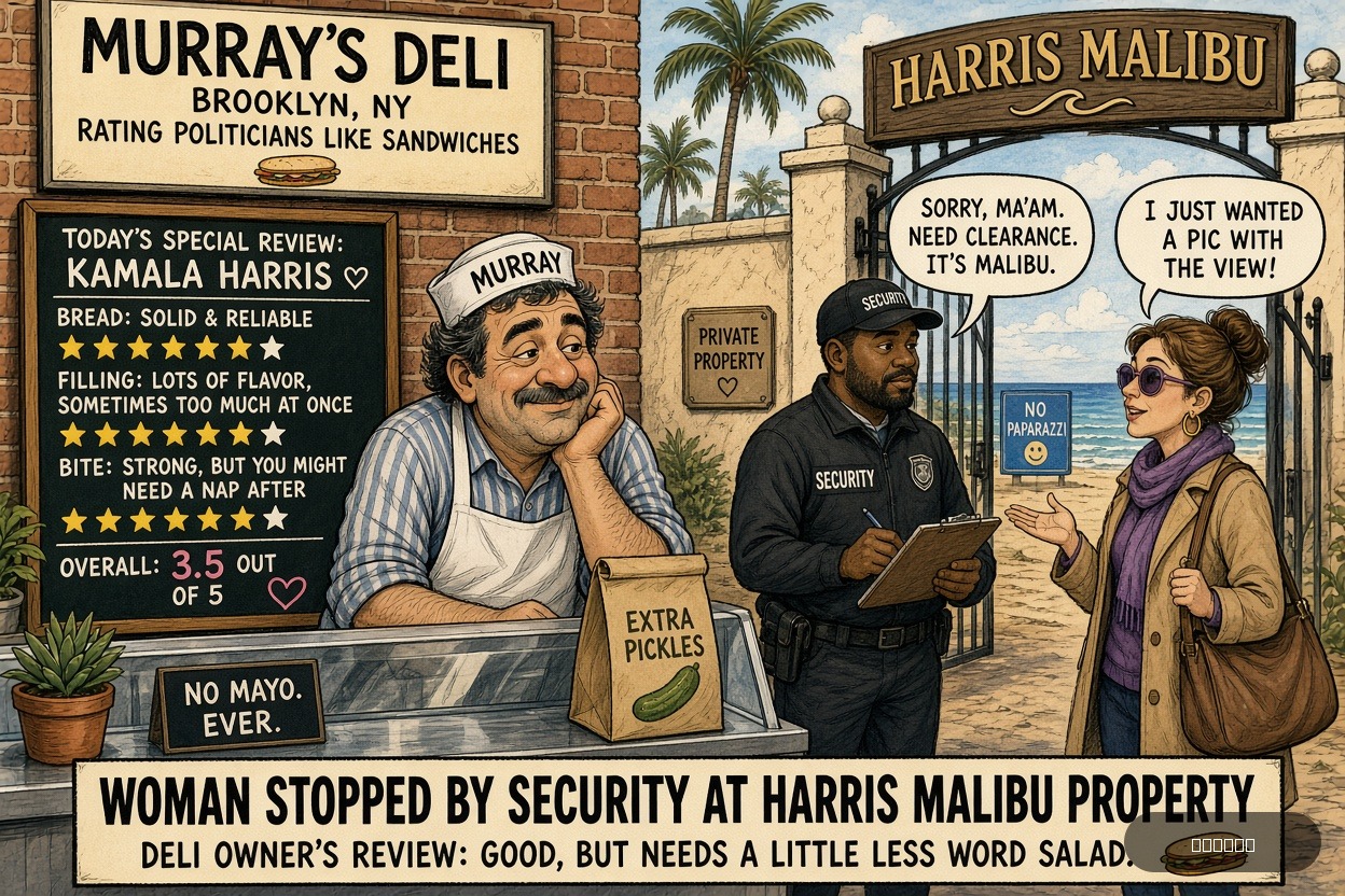 Veto Vinny on Kamala Harris — "Woman stopped by security at Harris Malibu property" · AI parody, fiction for entertainment