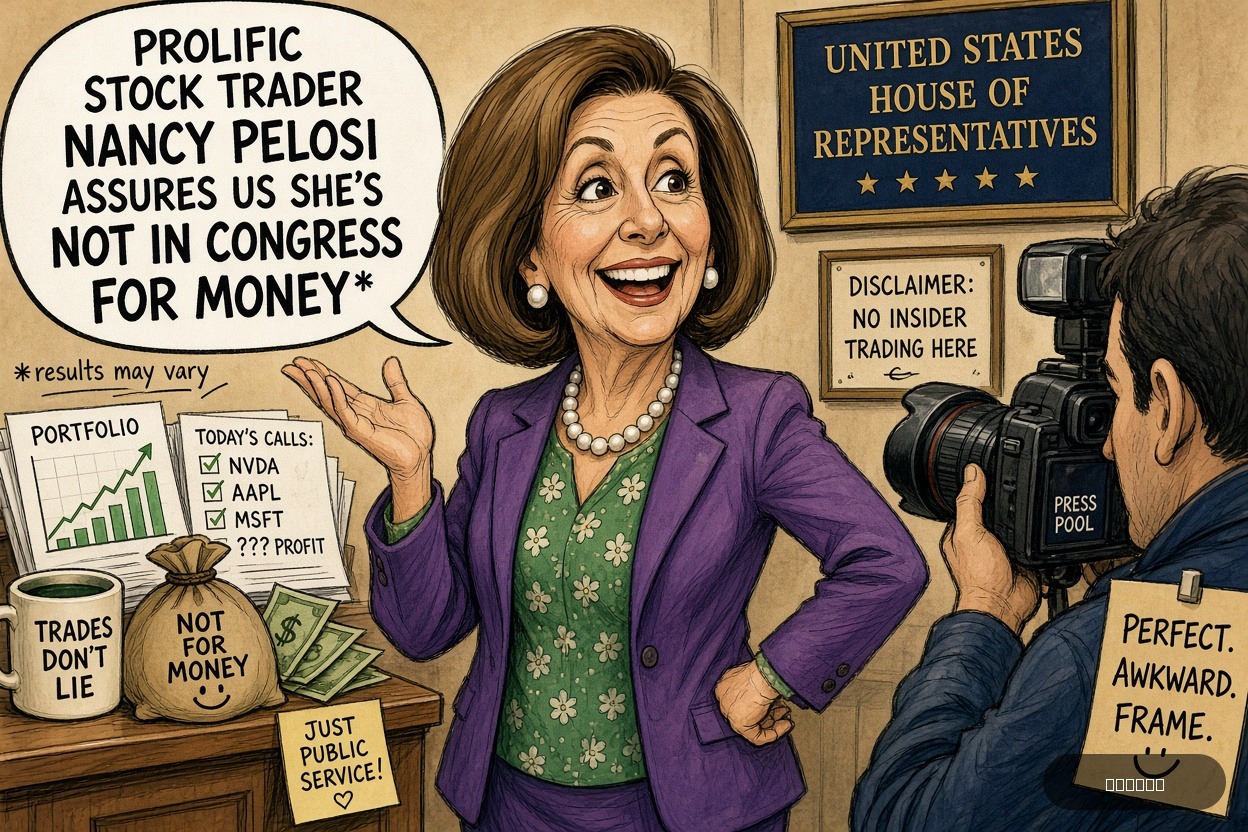 Press Pool Penny on Nancy Pelosi — "Prolific Stock Trader Nancy Pelosi Assures Us She’s Not In Congress For Money" · AI parody, fiction for entertainment