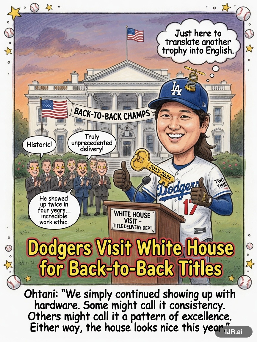 Spin Room Rosa on Shohei Ohtani — "Dodgers Visit White House for Back-to-Back Titles" · AI parody, fiction for entertainment