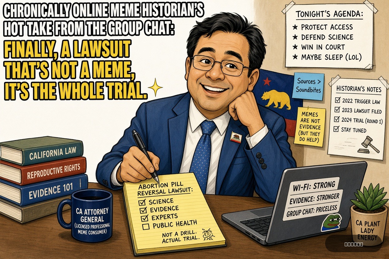 Meme Queen Mae on Rob Bonta — "California Lawsuit Over Abortion Pill Reversal Reaches First US Trial" · AI parody, fiction for entertainment