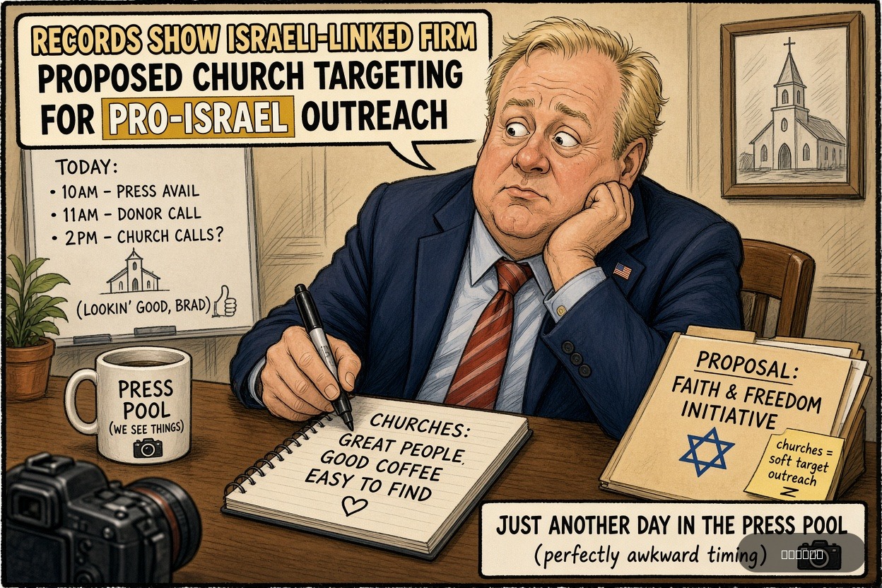 Press Pool Penny on Brad Parscale — "Records show Israeli-linked firm proposed church targeting for pro-Israel outreach" · AI parody, fiction for entertainment