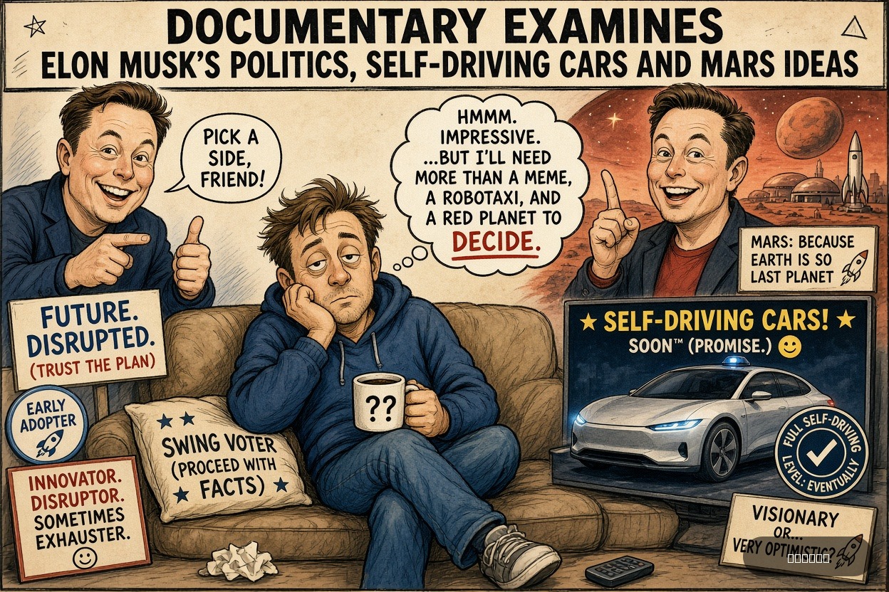 Swing State Sue on Elon Musk — "Documentary Examines Elon Musk's Politics Self-Driving Cars and Mars Ideas" · AI parody, fiction for entertainment