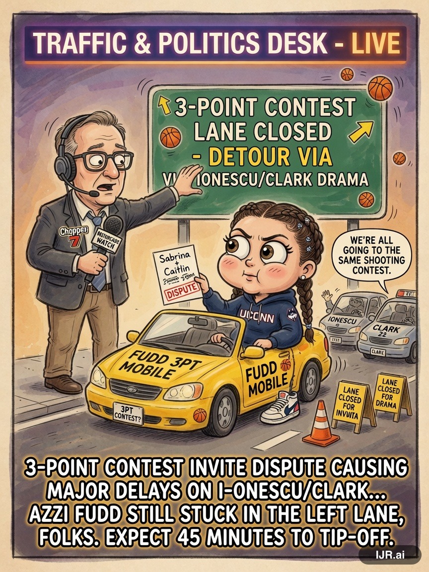 Motorcade Mike on Azzi Fudd — "3-Point Contest Invite Dispute Involving Ionescu, Clark" · AI parody, fiction for entertainment