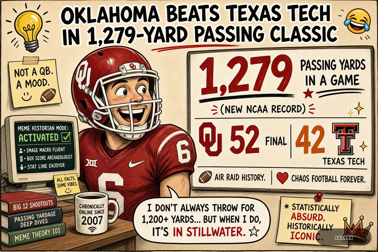 Meme Queen Mae on Baker Mayfield — "Oklahoma beats Texas Tech in 1,279-yard passing classic" · AI parody, fiction for entertainment