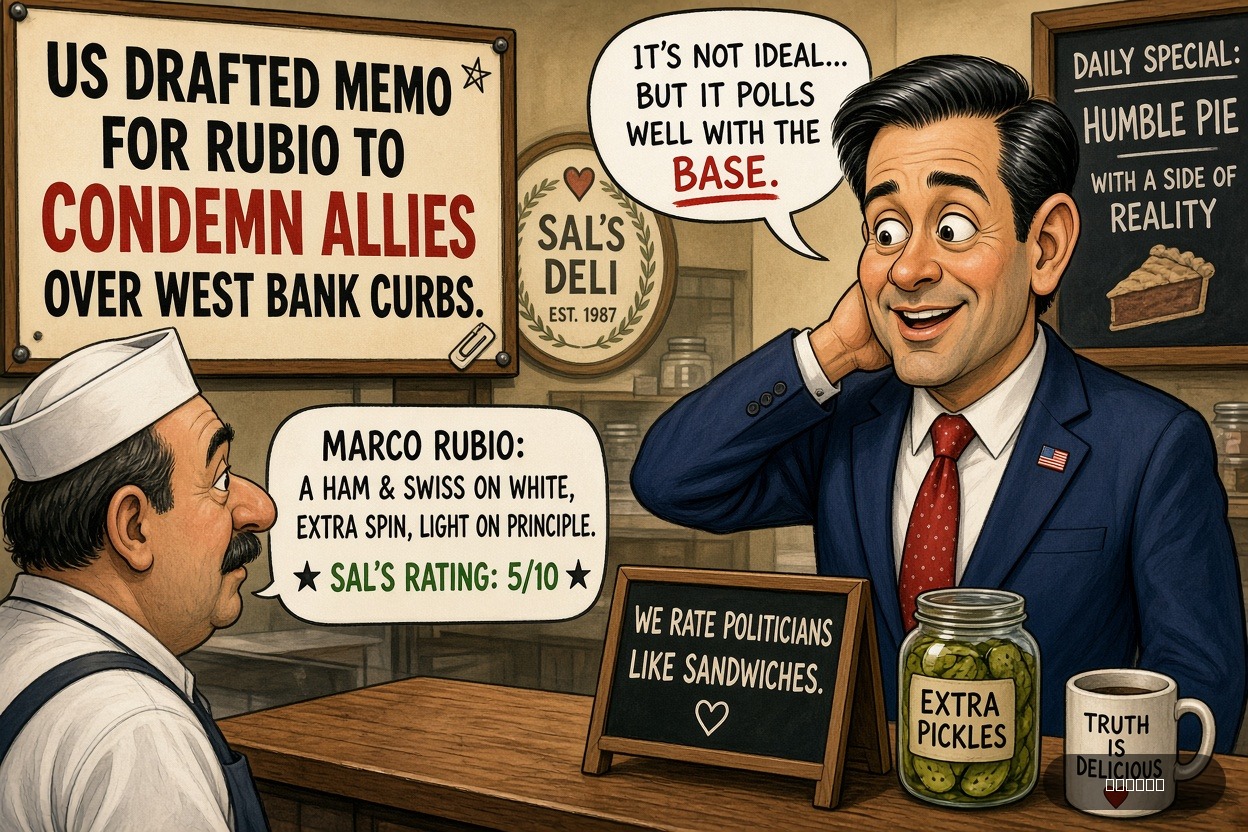 Veto Vinny on Marco Rubio — "US Drafted Memo for Rubio to Condemn Allies Over West Bank Curbs" · AI parody, fiction for entertainment