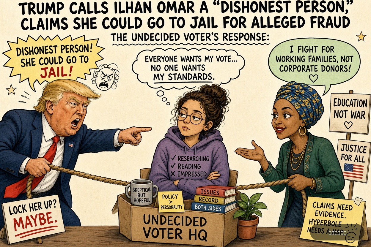 Swing State Sue on Ilhan Omar's — "Trump criticizes Ilhan Omar as a 'dishonest person,' claims she could go to jail for alleged fraud" · AI parody, fiction for entertainment