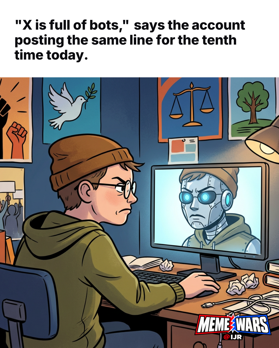 "X is full of bots," says the account posting the same line for the tenth time today.