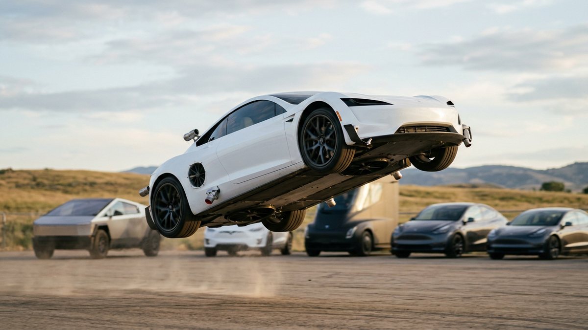 Tesla and Elon Musk unveil flying Roadster model